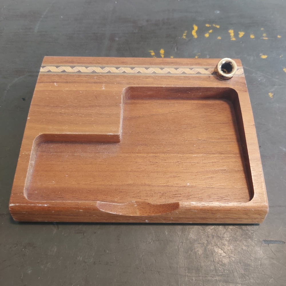 Vintage MCM Wood Desk Organizer Tray Inlay Detail Pen Holder 4.75x6 Inch Brown